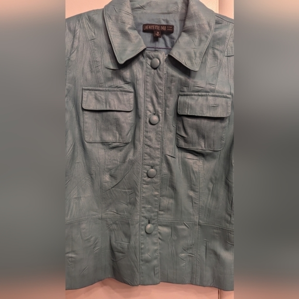 EUC Lafayette 148 New York beautiful teal soft leather jacket breast pockets